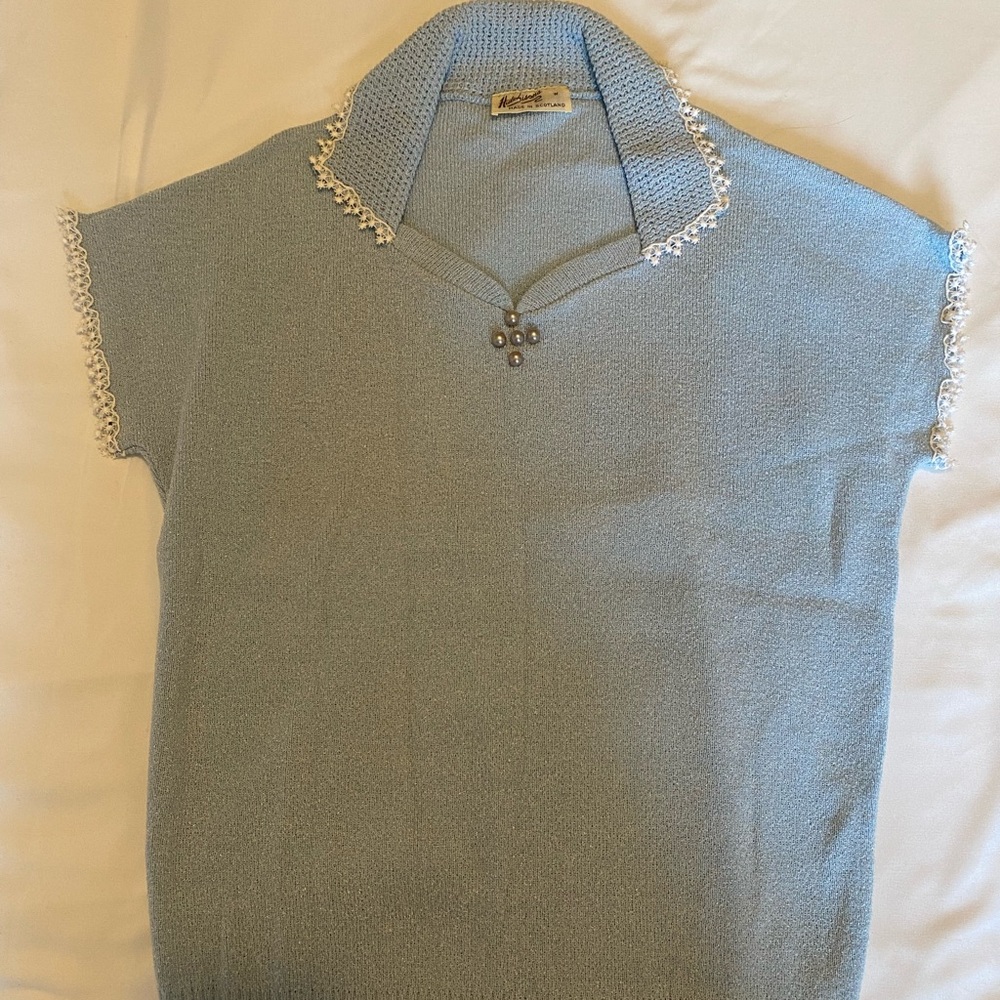 Blue Short Sleeve Top with Lace Trim
